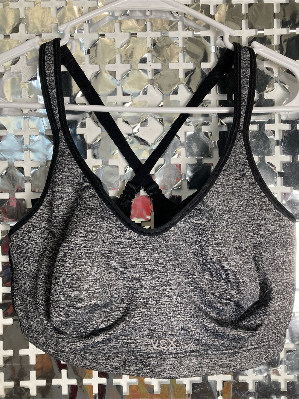 VSX Heather Gray Crisscross Sports Bra with Black Trim